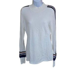 White Sweater crochet Blue & Orange accents cottagecore warm ski winter peasant